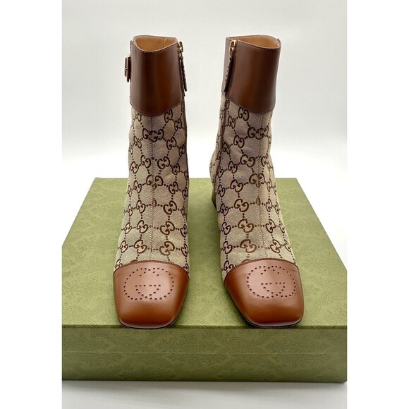 Gucci Ellis GG Logo Leather Trimmed Ankle Boots Camel Ebony Canvas EU 39.5 US9.5 - Picture 9 of 14
